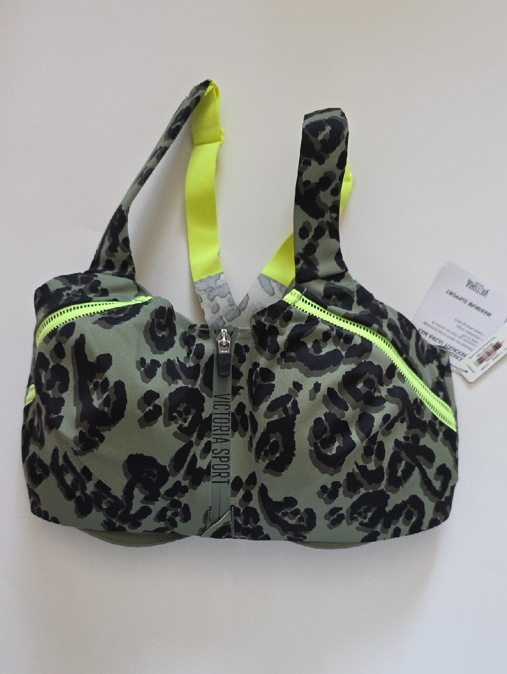Victoria's Sport Olive Green & Neon Yellow Leopard Zip-Front Sports Bra